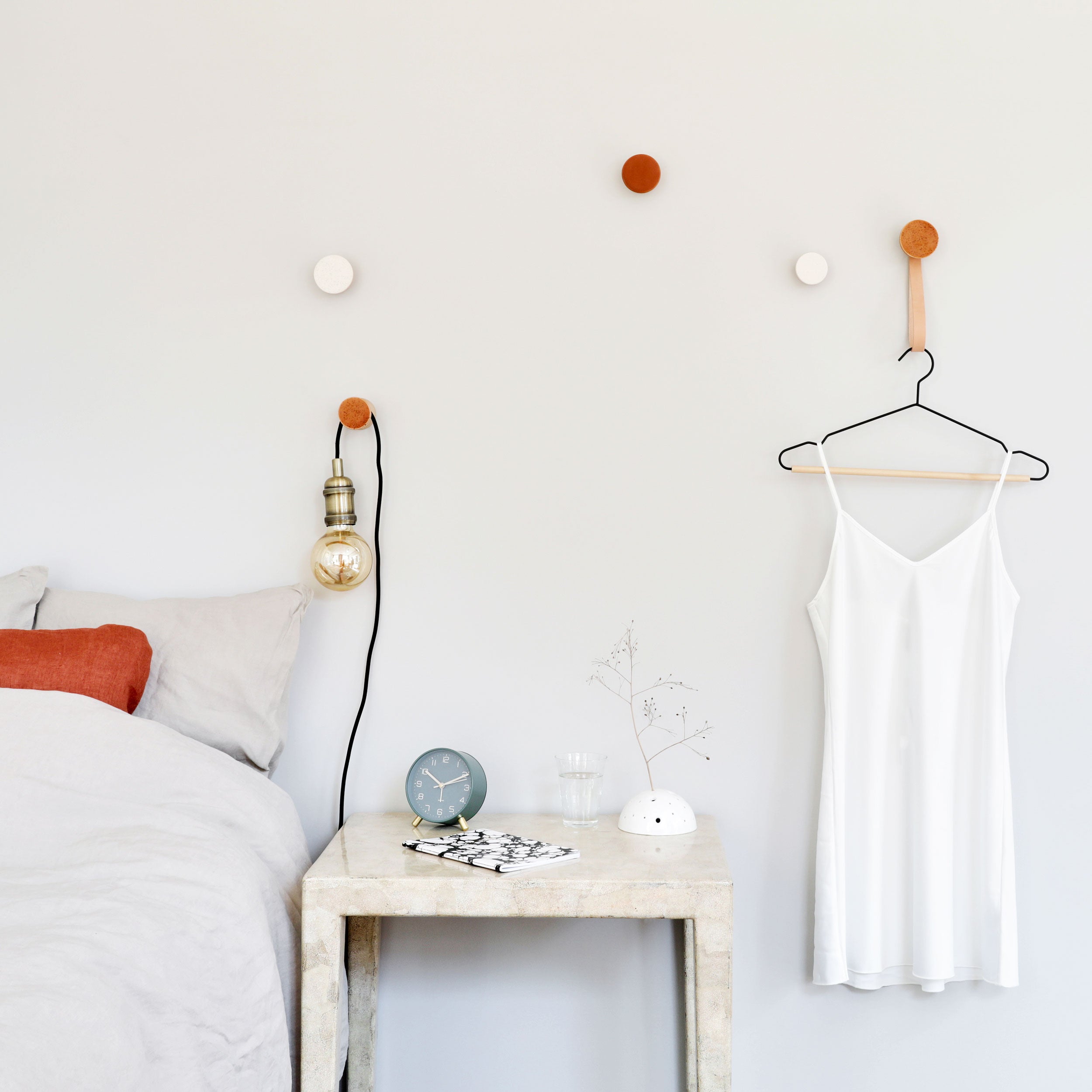 Round Beech Wood & Ceramic Wall Mounted Coat Hook / Hanger with Leather Strap - Terracotta Orange Specks